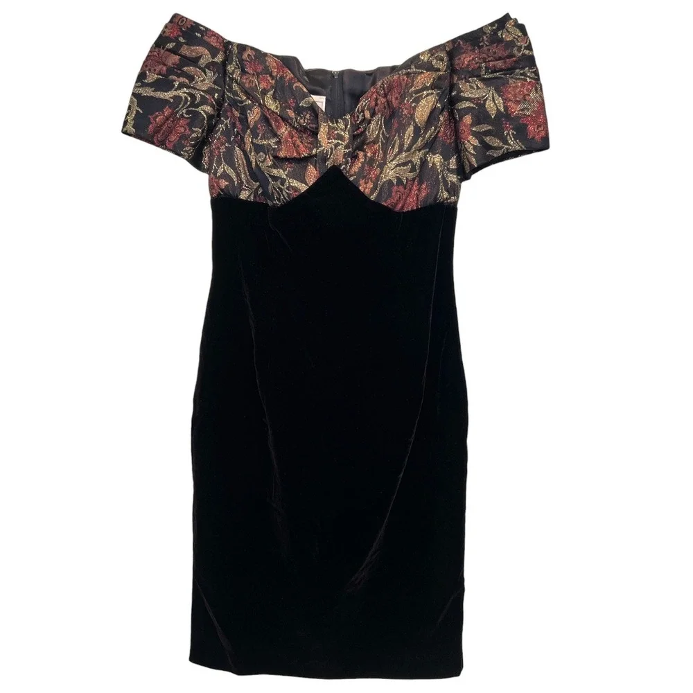 Scott McClintock Vintage 90's Black Velvet Cocktail Dress 6 Off Shoulder Jaquard